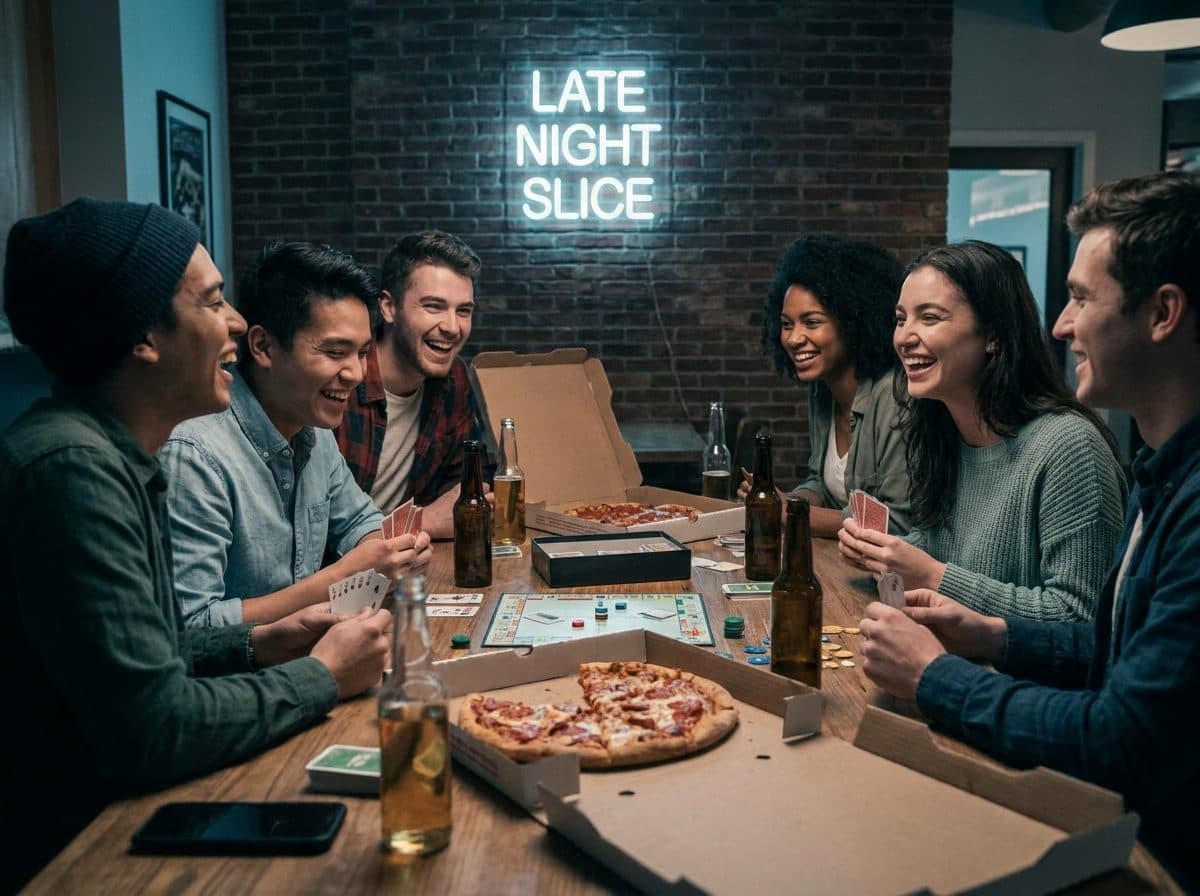 Friends sharing pizza on a late night out